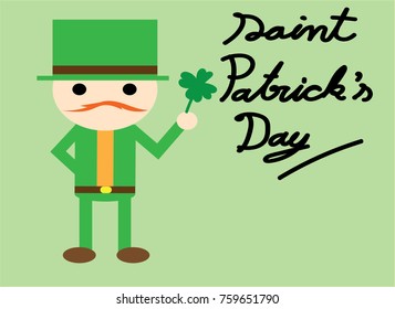 Saint Patrick's Day doodle kid style drawing vector concept for holiday greeting card with leprechaun with clover leaf and handwriting in greenery pastel tone background