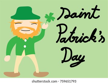 Saint Patrick's Day doodle kid style drawing vector concept for holiday greeting card with leprechaun with clover leaf and handwriting in greenery pastel tone background