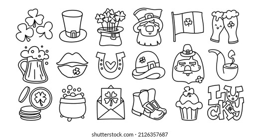 Saint Patrick's Day doodle style hand-drawn icon set with editable stroke width. Cute holiday symbols and elements collection.