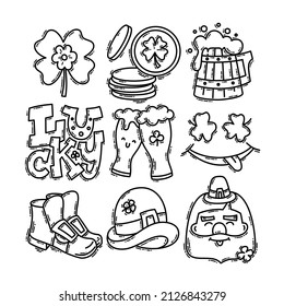Saint Patrick's Day doodle style hand-drawn icon set with simple engraving effect, editable stroke width. Cute Irish holiday symbols and elements collection.
