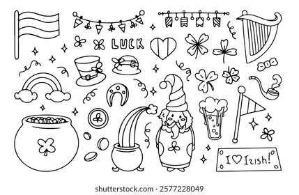 Saint Patrick's Day doodles with holiday symbols and objects, clovers, Irish flags, leprechaun. Group of line art stickers, decorative set. Vector illustration.