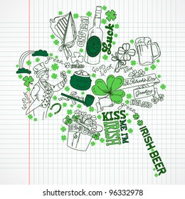 Saint Patrick's Day doodles in the shape of clover with four leaves