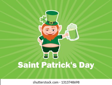 Saint Patrick's Day with drunken leprechaun vector. Funny leprechaun cartoon character. Glass of green beer. March 17, St. Patricks Day. Important day