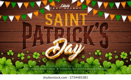 Estilo gráfico vetorial de design de efeito de texto editável do dia de São Patrício com tipografia gravada vintage e sombra no fundo de madeira. Modelo de Ilustração Escalável de Celebração da Sorte de St. Patricks Tradicional Irlandês Escalável para Cartão de Saudação, Folheto, Banner, Cartaz ou Convite de Festa