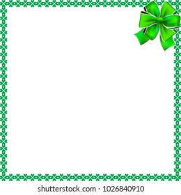 Saint Patricks Day elegant border with shamrocks, festive bow and copy space on white background. Vector illustration, template for greeting card, invitation, banner, poster, flyer or photo frame.