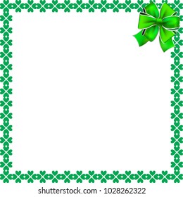 Saint Patricks Day elegant border with shamrocks, festive bow and copy space on white background. Vector illustration, template for greeting card, invitation, banner, poster, flyer or photo frame.