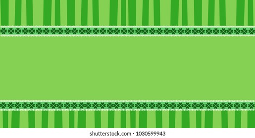 Saint Patricks Day elegant rectangle template with clover festive lace and copy space on green striped background. Vector border, frame for greeting card, invitation, banner, poster, flyer, signboard