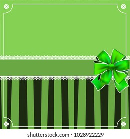 Saint Patrick's Day elegant template with shamrocks lace, wrapped with festive bow and copy space on green black striped background. Vector border, frame for greeting card, invitation, menu, flyer