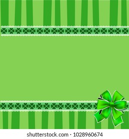 Saint Patricks Day elegant template with shamrocks lace, festive bow and copy space on green striped background. Vector illustration, border, frame for greeting card, invitation, banner, poster, flyer