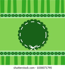 Saint Patrick's Day elegant template with shamrocks lace, round wavy stamp with white ribbon on green striped background. Vector illustration, border, frame for greeting card, invitation, adverising.