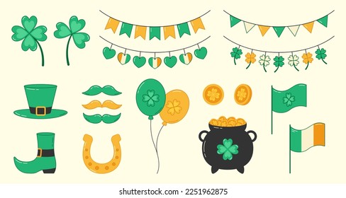 Saint Patricks day element collection. Clover, horseshoe, pot of gold coins, leprechaun hat and shoes. Vector illustration