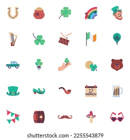 Saint Patrick's Day elements collection, flat icons set, Colorful symbols pack contains - lucky horseshoe, leprechaun hat, clover leaf, 17 march calendar day. Vector illustration. Flat style design