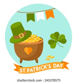 Saint Patrick's Day elements with greeting text on blue background. Invitation postcard. 