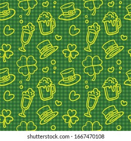 Saint Patrick's Day elements line drawings on a flannel background seamless pattern.