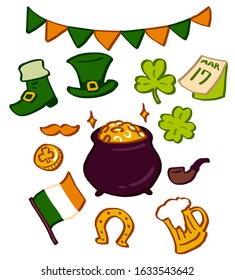 Saint patrick's day elements lucky coin calendar pot hat boots beer horsehoe flag clover
