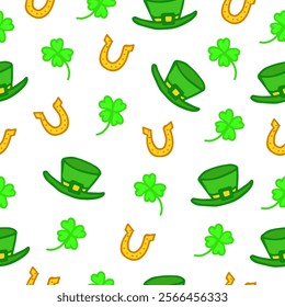 Saint Patrick's Day elements seamless pattern. Green Four-Leaf Clover, Horse shoe and Leprechaun hat.