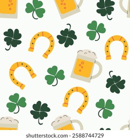 Saint patrick's day Elements seamless pattern background for packaging and decoration with beer, horseshoe and clover