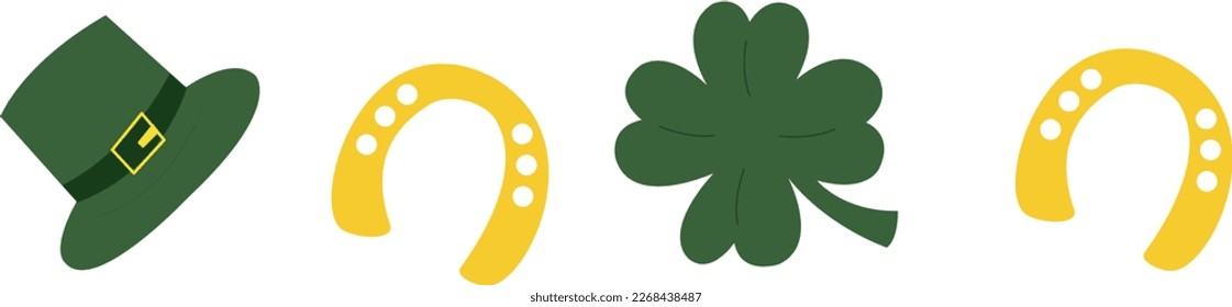 Saint Patrick's Day elements set. Shamrock, horseshoe and Leprechaun hat   