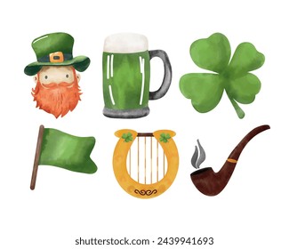 Saint Patrick's Day elements set. Green beer, shamrock, hat, horseshoe, smoking pipe, clover leaf. Vector illustration