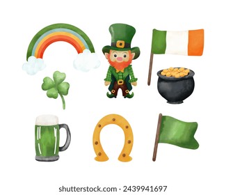 Saint Patrick's Day elements set. Green beer, shamrock, hat, horseshoe, smoking pipe, clover leaf. Vector illustration