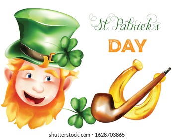 Saint Patrick's Day elf with ginger beard, green hat and shamrock
