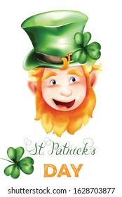 Saint Patrick's Day elf with ginger beard, green hat and shamrock