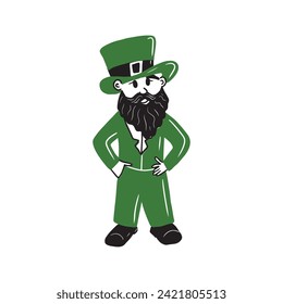 Saint Patrick's Day Elf in green suit with beard in hat isolated on white background. Hand drawn vector sketch illustration in doodle flat cartoon design. 17 March symbol - leprechaun, luck, wealth