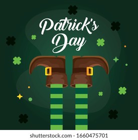 saint patricks day with elf legs and clovers vector illustration design