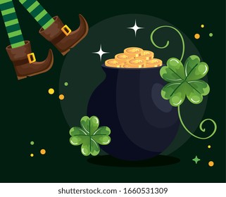 saint patricks day with elf legs and cauldron vector illustration design