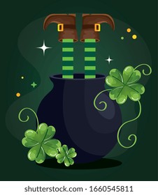 saint patricks day with elf legs and cauldron vector illustration design