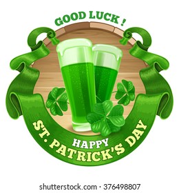 Saint Patricks Day Emblem Design with Goblets of Green Beer, Shamrock, and Rounded Vintage Green Ribbon. Vector Illustration. There is Space For Your Text.