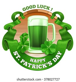 Saint Patricks Day Emblem Design with Pint of Green Beer, Shamrock, and Rounded Vintage Green Ribbon. Vector Illustration. There is Space For Your Text.