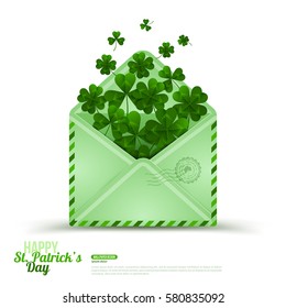 Saint Patrick's Day Envelope with Green Clovers Flying Away Isolated on White Background. Vector Illustration. Realistic Mail with Stamp. Luck Inside