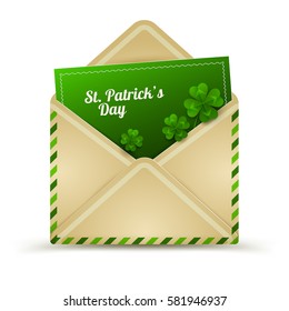 Saint Patrick's Day Envelope with Green Clovers and Letter Invitation Isolated on White Background. Vector Illustration. Realistic Craft Paper Mail. Luck Inside