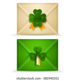 Saint Patrick's Day Envelopes with Green Clovers Seal and Irish Flag Isolated on White Background. Vector Illustration. Realistic Mail Envelope of Craft Paper. Luck Inside