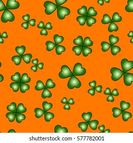 Saint Patrick's day EPS10 vector seamless background, green and orange holiday pattern with clovers, floral theme, eco concept