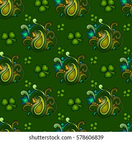 Saint Patrick's day EPS10 vector seamless background, green holiday pattern with paisley and clovers, floral and ethnic theme