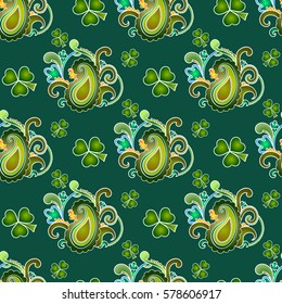 Saint Patrick's day EPS10 vector seamless background, green holiday pattern with paisley and clovers, floral and ethnic theme