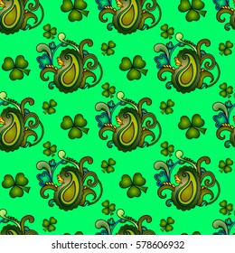 Saint Patrick's day EPS10 vector seamless background, green holiday pattern with paisley and clovers, floral and ethnic theme