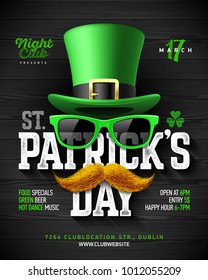 Saint Patrick's Day, Feast of Saint Patrick party poster design, 17 March celebration invitation with vintage lettering, leprechaun hat, green sunglasses and orange mustache, vector illustration 