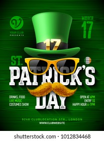 Saint Patrick's Day, Feast of Saint Patrick party poster design, 17 March celebration, invitation with vintage lettering, leprechaun hat, orange sunglasses and mustache, vector illustration 