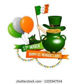 Saint Patrick's Day, Feast of Saint Patrick party poster design, 17 March celebration invitation with vintage lettering, leprechaun hat, Funny Cartoon. - Vector