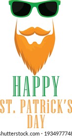 Saint Patrick's Day, Feast of Saint Patrick party poster design, 17 March celebration, invitation with vintage lettering, leprechaun hat, orange sunglasses and mustache, vector illustration