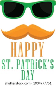 Día de San Patricio, diseño de afiches del partido Fiesta de San Patricio, celebración del 17 de marzo, invitación con letras vintage, sombrero leprechaun, gafas de sol anaranjadas y bigote, ilustración vectorial