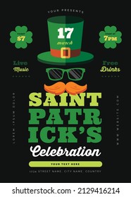 St. Patrick's Day, Fest des Saint Patrick-Partyposter-Design, 17. März Feier, Einladung mit Vintage-Schrift, Kobobaun-Hut, orange Sonnenbrillen und Schnurrbart, Vektorgrafik