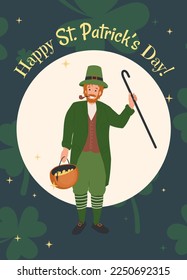 Saint Patrick's Day, or the Feast of Saint Patrick, Invitation Card Design with shamrocks and man dress like leprechaun. Happy St Patricks Day. Greeting holiday design, invitation template, poster