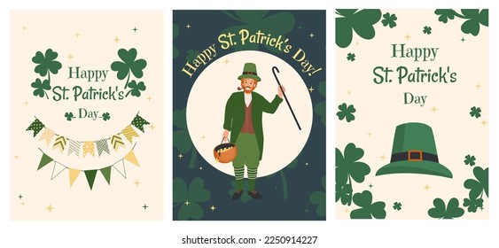 Saint Patrick's Day, or the Feast of Saint Patrick, Invitation Card set, collection. Shamrocks, hat,  leprechaun. Happy St Patricks Day. Greeting holiday design, invitation template, vertical banner