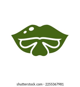Saint Patrick's Day female lips with Irish lucky clover shamrock vintage icon vector flat illustration. Woman mouth fortune kiss leaf petals Celtic traditional holiday celebrate success floral trefoil