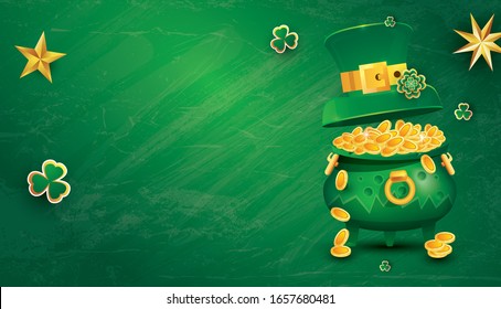 Saint Patricks Day Festive Banner with Pot Filled Golden Coins, Green Top Hat and Shamrock. Vector Illustration. Flyer with Copy Space.