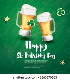 Saint Patricks Day Festive Banner with Two Glasses of Beer and Shamrock. Vector Illustration.